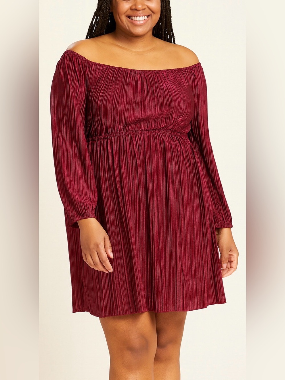 Inspired Hearts Burgundy Plisse Off-Shoulder Mini Dress 2X
